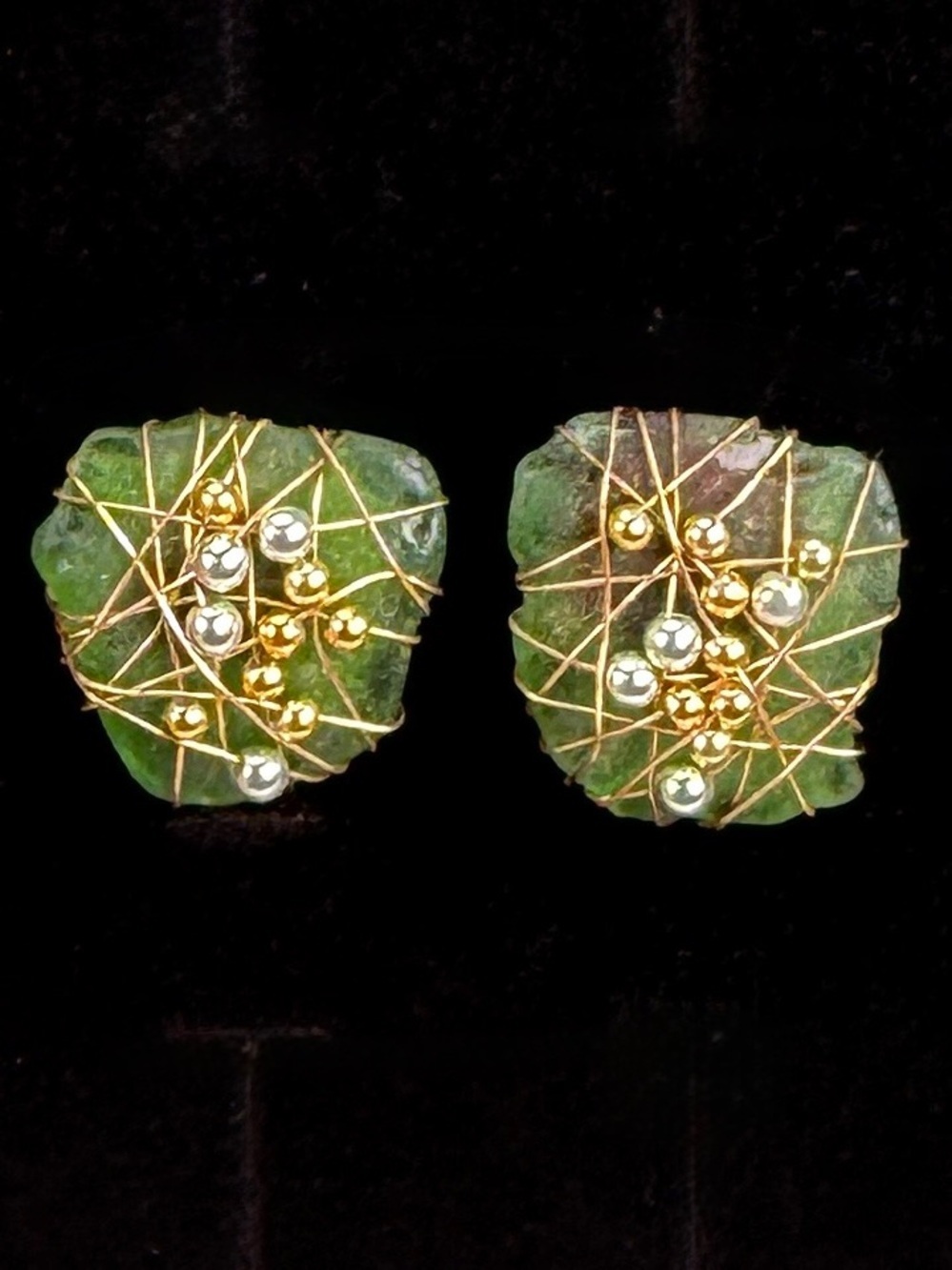Vintage goldtone wire, wrapped green clip on earrings